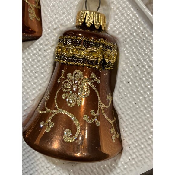 Glass Christmas Ornaments Bell Shape Set Of 4 Gold Accents Vintage Style Boxed - Picture 8 of 12